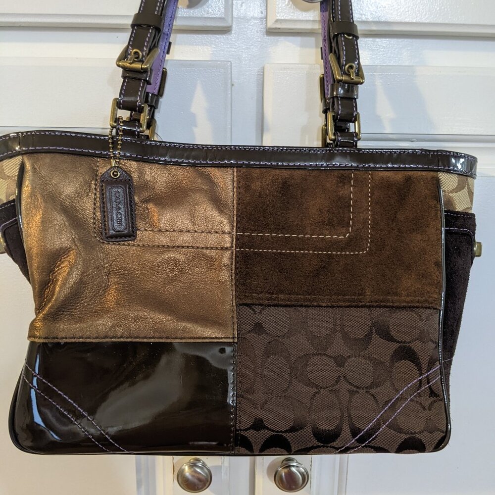 Coach Brown and Gold Patchwork Handbag HO5J-8F69